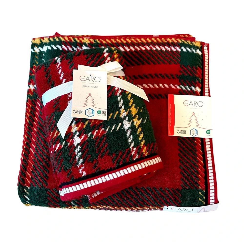 4pc Caro Home Holiday RED TARTAN Cotton 2 Bath 2 Hand Towel Set Christmas NEW
